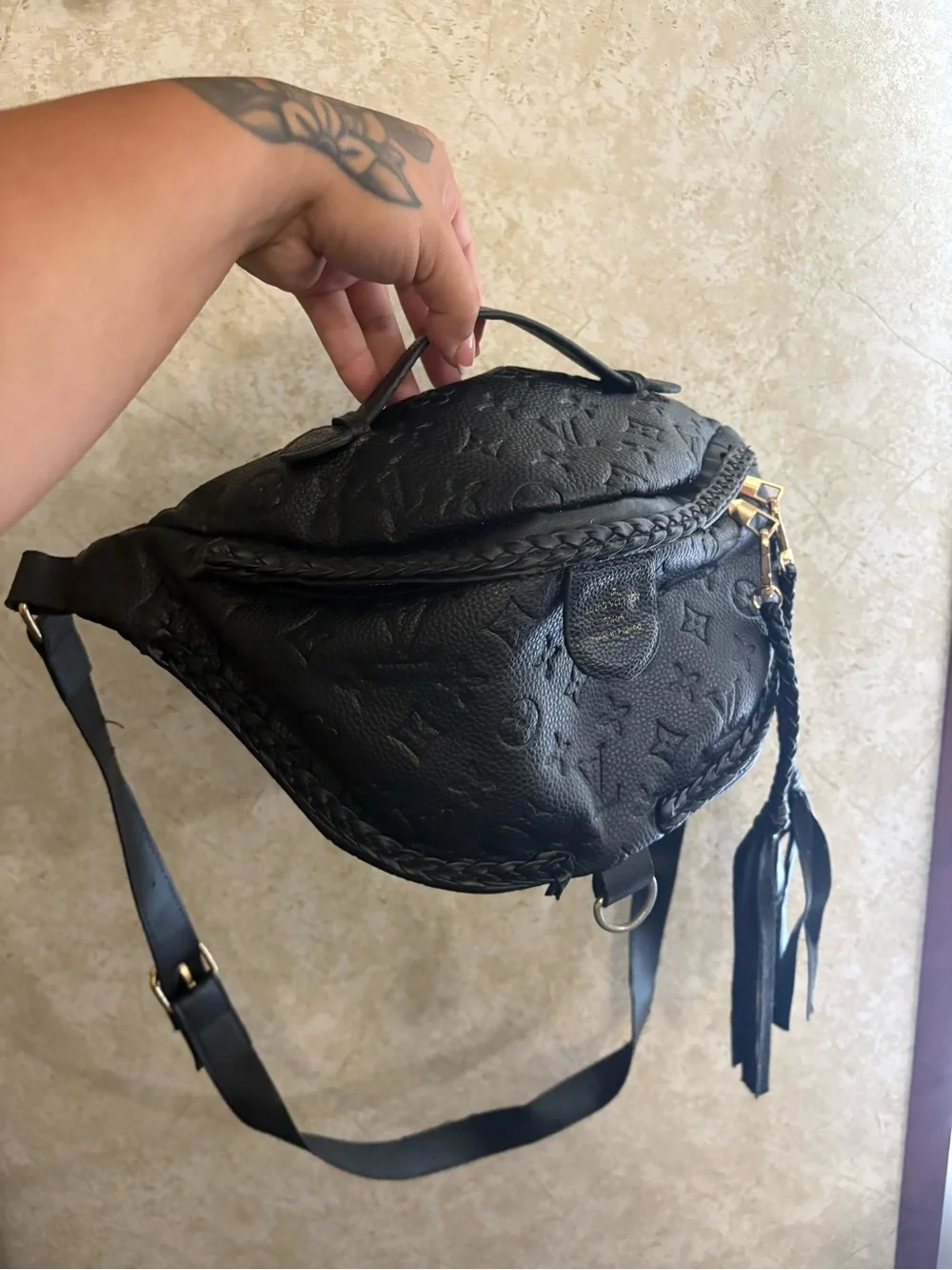 Black Embossed Leather Crossbody Belt Bag - Designer Style